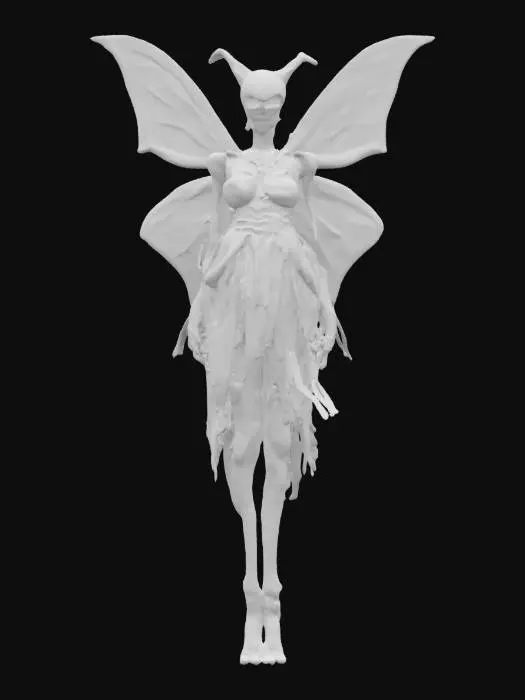 3D model for fantasy fairy of death, bony emaciated body, torn dress with fluttering rags, moth wings, scary detailed face, extremely detailed, high resolution texture, epic stance, #fairy#