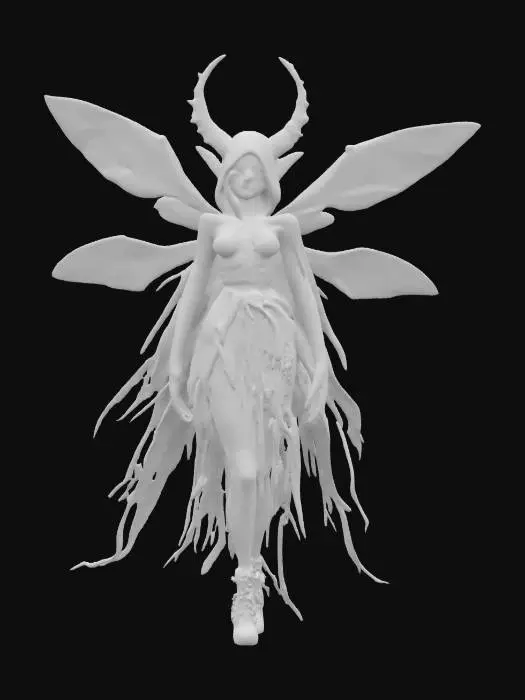 3D model for fantasy fairy of death, bony emaciated body, torn dress with fluttering rags, moth wings, scary detailed face, extremely detailed, high resolution texture, epic stance, #fairy#