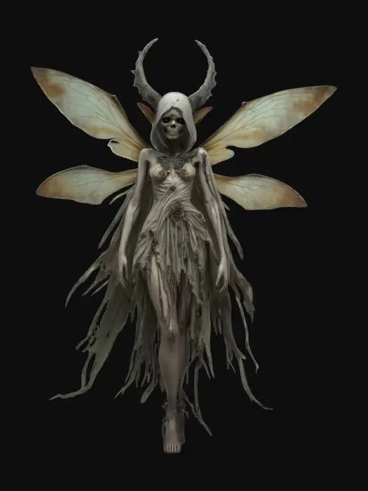 3D model for fantasy fairy of death, bony emaciated body, torn dress with fluttering rags, moth wings, scary detailed face, extremely detailed, high resolution texture, epic stance, #fairy#