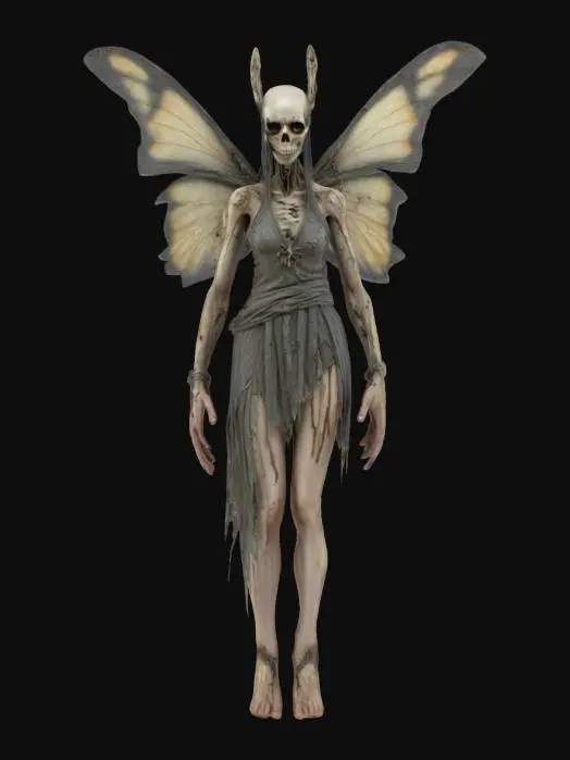 3D model for fantasy fairy of death, bony emaciated body, torn dress with fluttering rags, moth wings, scary detailed face, extremely detailed, high resolution texture, epic stance, #fairy#