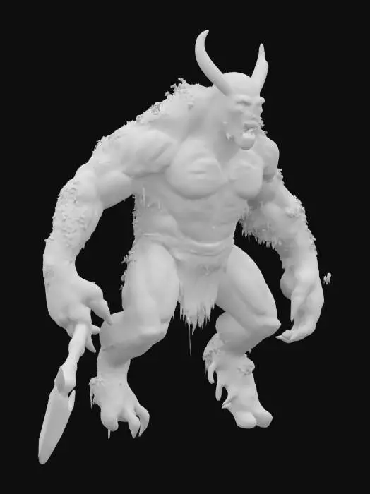3D model for fantasy forest demon, massive body, body floating in the air, shreds of vines and flower fluttering on his body, he has an axe in his hand, detailed scary face, extremely detailed, high resolution texture, epic stance, #garden#