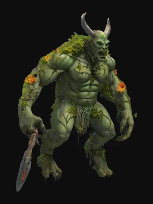 3D model for fantasy forest demon, massive body, body floating in the air, shreds of vines and flower fluttering on his body, he has an axe in his hand, detailed scary face, extremely detailed, high resolution texture, epic stance, #garden#