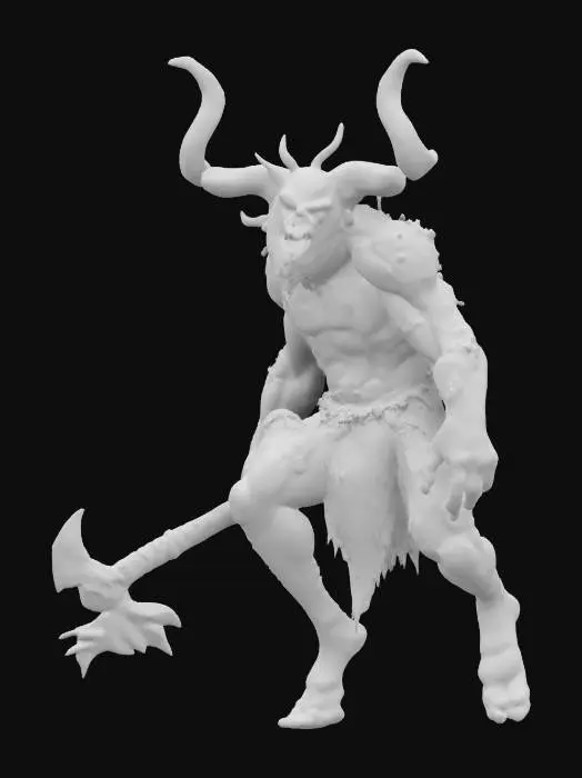 3D model for fantasy forest demon, massive body, body floating in the air, shreds of vines and flower fluttering on his body, he has an axe in his hand, detailed scary face, extremely detailed, high resolution texture, epic stance, #garden#