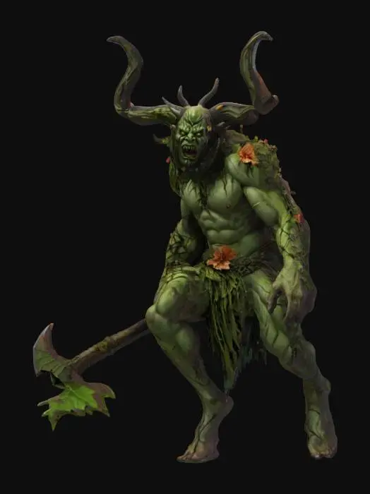3D model for fantasy forest demon, massive body, body floating in the air, shreds of vines and flower fluttering on his body, he has an axe in his hand, detailed scary face, extremely detailed, high resolution texture, epic stance, #garden#