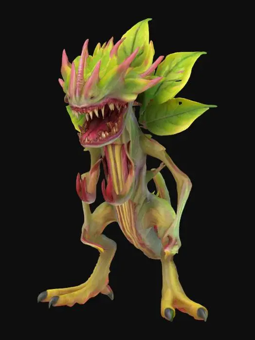 3D model for fantasy carnivorous flower creature, strong stems and leaves, instead of a flower an open mouth full of sharp teeth, in attack, extremely detailed, high resolution texture, epic stance, #garden#