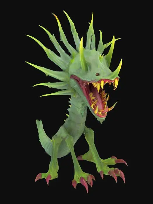 3D model for fantasy carnivorous flower creature, strong stems and leaves, instead of a flower an open mouth full of sharp teeth, in attack, extremely detailed, high resolution texture, epic stance, #garden#