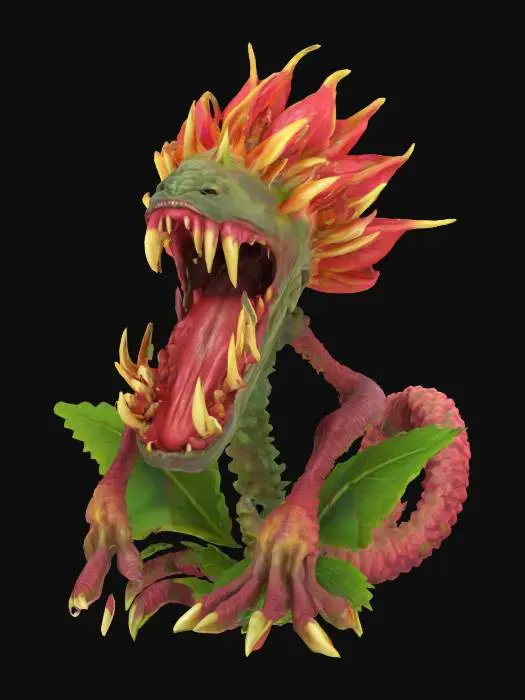 3D model for fantasy carnivorous flower creature, strong stems and leaves, instead of a flower an open mouth full of sharp teeth, in attack, extremely detailed, high resolution texture, epic stance, #garden#