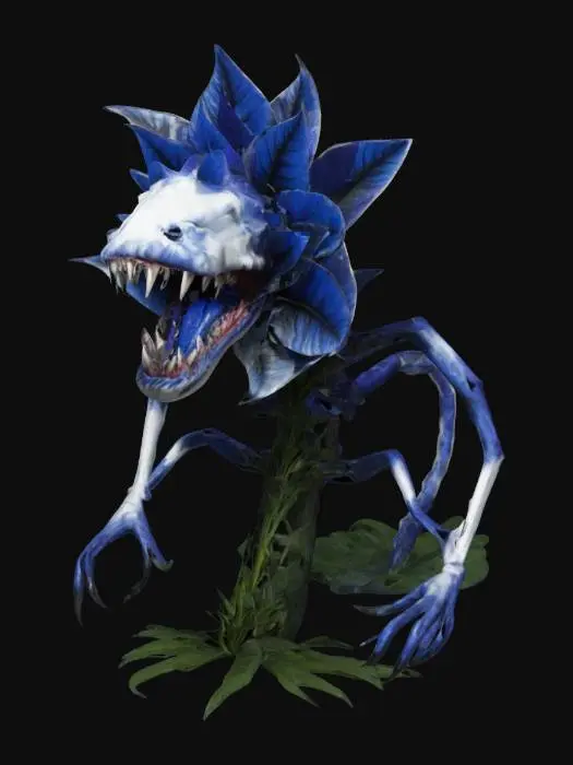 3D model for fantasy carnivorous flower creature, strong stems and leaves, instead of a flower an open mouth full of sharp teeth, in attack, extremely detailed, high resolution texture, epic stance, #garden#