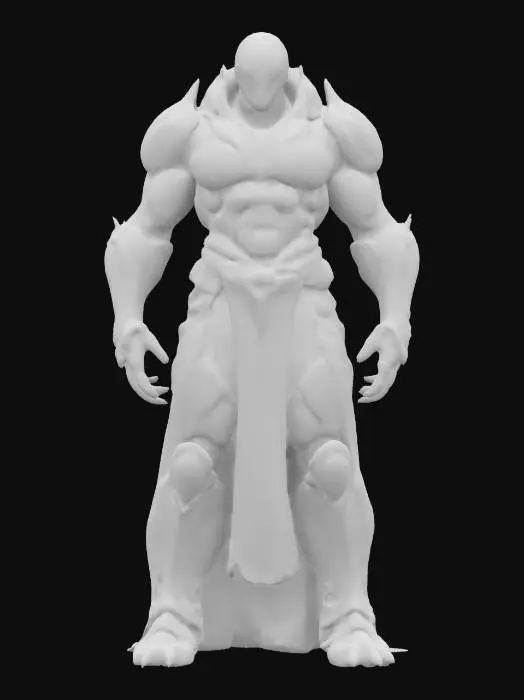 3D model for sci-fi biomechanical monster warrior, massive and graceful body, elegant clothing studded with glowing symbols and markings, detailed face with glowing eyes, extremely detailed high-resolution texture, epic stance