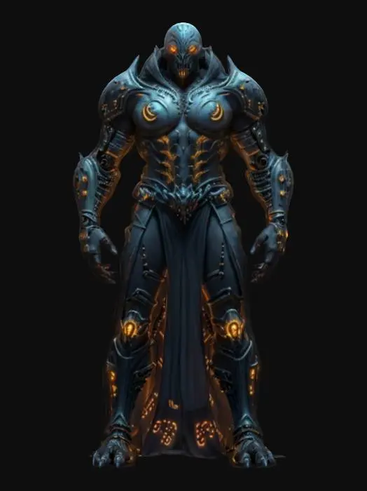 3D model for sci-fi biomechanical monster warrior, massive and graceful body, elegant clothing studded with glowing symbols and markings, detailed face with glowing eyes, extremely detailed high-resolution texture, epic stance