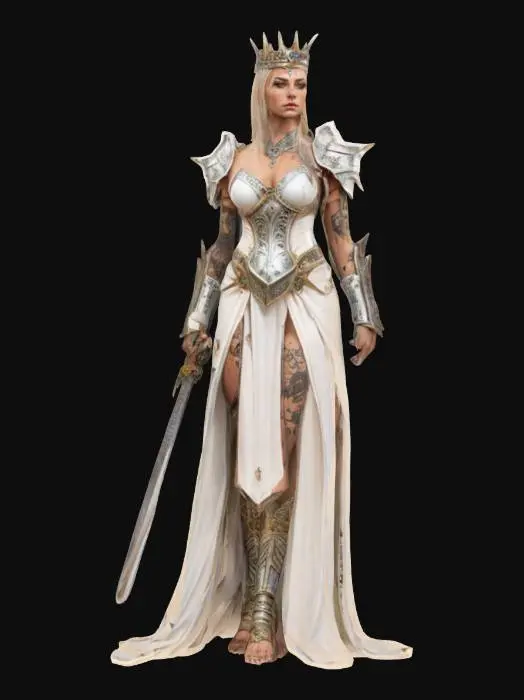 3D model for fantasy female queen warrior, slim firm elegant body, smooth skin with prominent tattoos, light decorated armor, neat hair with crown, sword in one hand, detailed beautiful face, extremely detailed, high resolution texture, epic stance