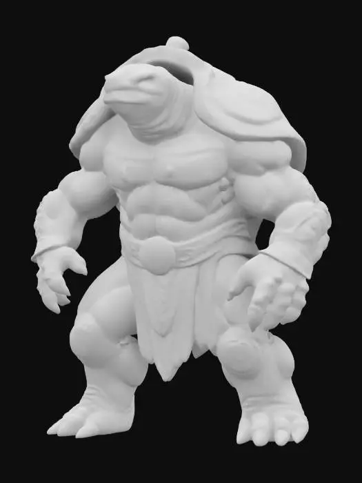 3D model for fantasy humanoid stone turtle, massive body with stone crystals, massive paws ending in claws, head covered with a stone shield, light shining through the stone plates, extremely detailed, high resolution texture, epic stance