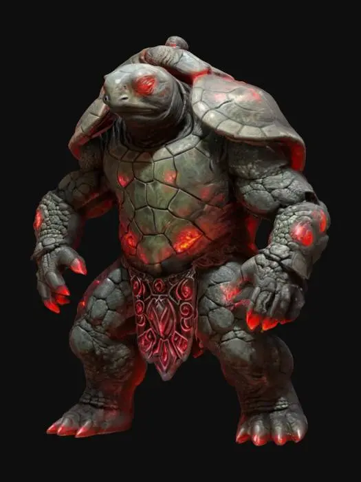 3D model for fantasy humanoid stone turtle, massive body with stone crystals, massive paws ending in claws, head covered with a stone shield, light shining through the stone plates, extremely detailed, high resolution texture, epic stance