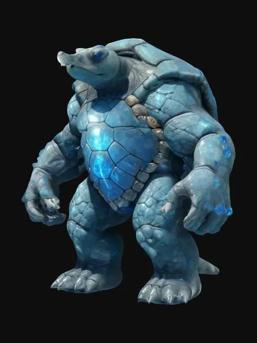 3D model for fantasy humanoid stone turtle, massive body with stone crystals, massive paws ending in claws, head covered with a stone shield, light shining through the stone plates, extremely detailed, high resolution texture, epic stance