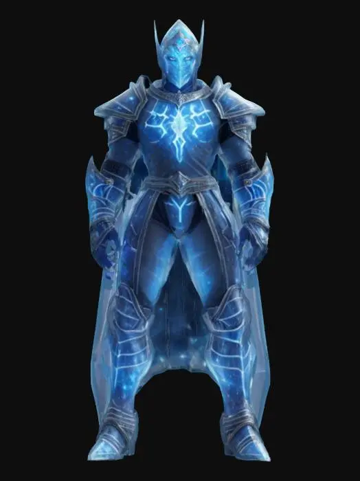 3D model for fantasy cosmic ice knight, massive tall body, elegant transparent armor all over the body, unknown markings on the armor, extremely detailed, high resolution texture, epic stance