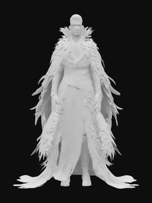 3D model for fantasy vampire, tall elegant body, shrouded in a dark robe fluttering in the wind, the robe is made of bird feathers glistening in the moonlight, detailed blood-splattered face, extremely detailed, high resolution texture, epic stance