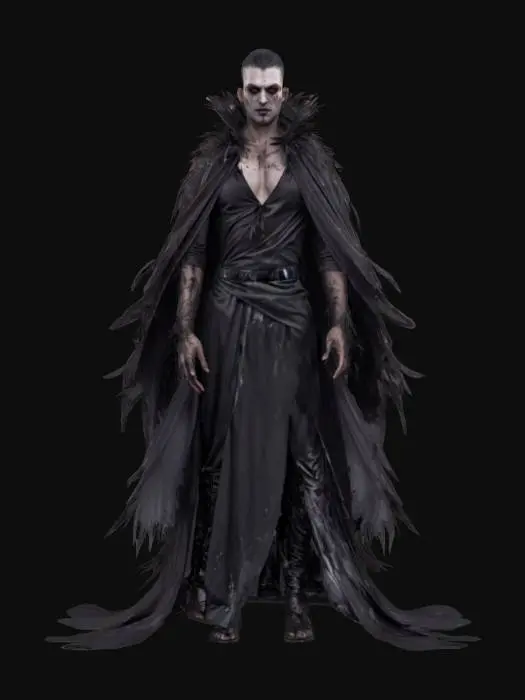 3D model for fantasy vampire, tall elegant body, shrouded in a dark robe fluttering in the wind, the robe is made of bird feathers glistening in the moonlight, detailed blood-splattered face, extremely detailed, high resolution texture, epic stance