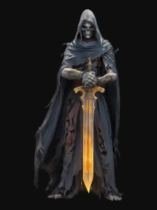 3D model for fantasy wraith warrior, slim tall elegant body, body covered by torn robe with long rags fluttering in the wind, holding a brightly shining sword in his hand, detailed spooky face, extremely detailed, high resolution texture, epic stance