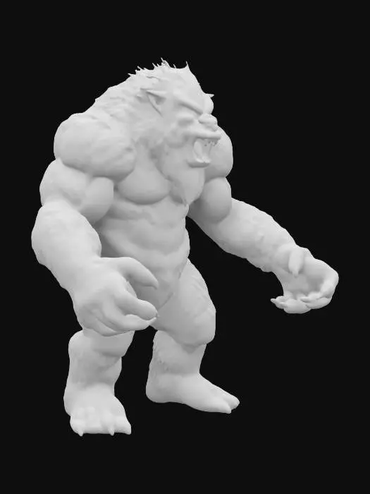 3D model for fantasy furious fire and ice yeti, massive tall body, long fur, massive hands with claws, in attack, large head with roaring mouth with fangs, extremely detailed, high resolution texture, epic stance