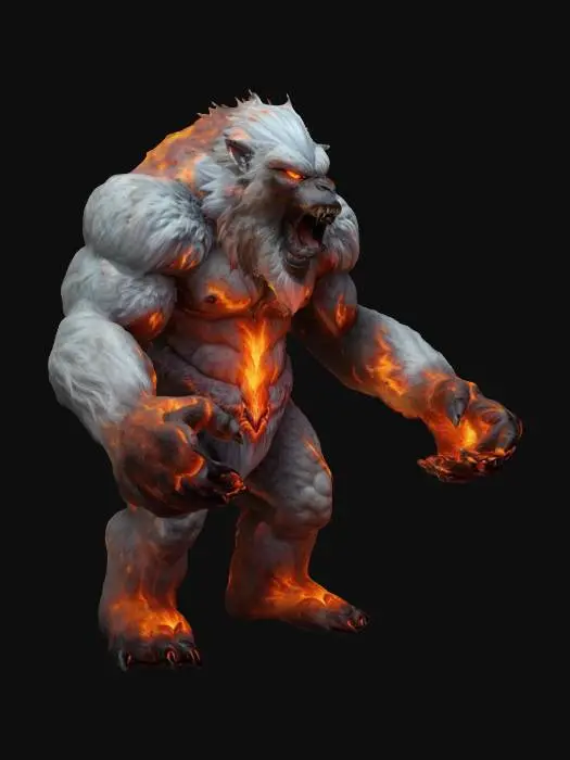 3D model for fantasy furious fire and ice yeti, massive tall body, long fur, massive hands with claws, in attack, large head with roaring mouth with fangs, extremely detailed, high resolution texture, epic stance