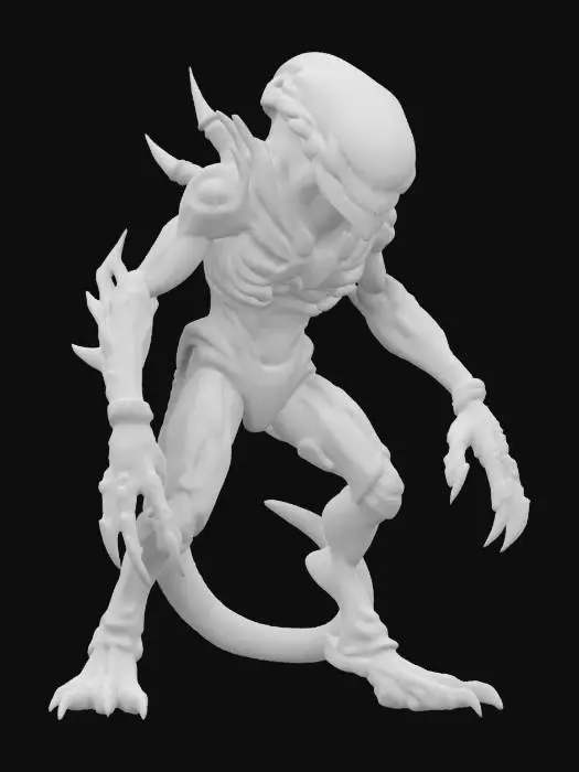3D model for sci-fi alien beast, massive hunched body, massive limbs ending in spikes, massive muzzle, elegant body surface covered with artificial skin, detailed face with dark eyes, extremely detailed, high resolution texture, epic stance