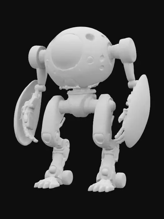 3D model for sci-fi utopian technological robot, body is made up of one sphere with limbs, has a metal mask over the face, has various devices on the body, holds a defensive energy shield in one hand, extremely detailed, high resolution texture, epic stance