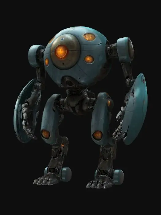3D model for sci-fi utopian technological robot, body is made up of one sphere with limbs, has a metal mask over the face, has various devices on the body, holds a defensive energy shield in one hand, extremely detailed, high resolution texture, epic stance