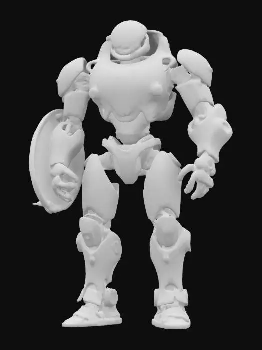 3D model for sci-fi utopian technological robot, body is made up of one sphere with limbs, has a metal mask over the face, has various devices on the body, holds a defensive energy shield in one hand, extremely detailed, high resolution texture, epic stance