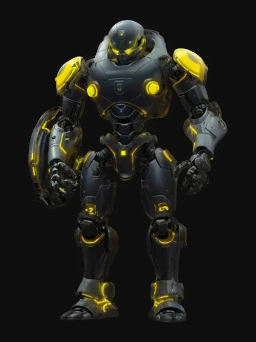 3D model for sci-fi utopian technological robot, body is made up of one sphere with limbs, has a metal mask over the face, has various devices on the body, holds a defensive energy shield in one hand, extremely detailed, high resolution texture, epic stance