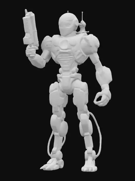 3D model for sci-fi steampunk mechanoid, body made of crumpled sheets, has various devices on his body, holds a gun in one hand, extremely detailed, high resolution texture, epic stance