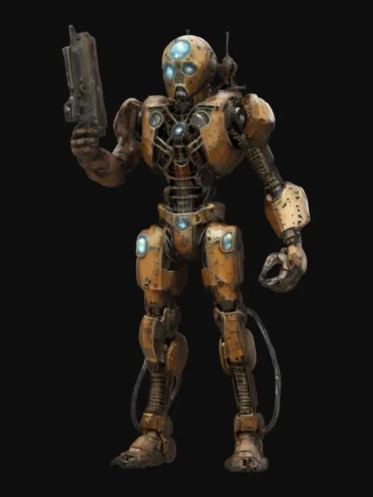 3D model for sci-fi steampunk mechanoid, body made of crumpled sheets, has various devices on his body, holds a gun in one hand, extremely detailed, high resolution texture, epic stance