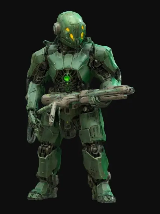 3D model for sci-fi steampunk mechanoid, body made of crumpled sheets, has various devices on his body, holds a gun in one hand, extremely detailed, high resolution texture, epic stance