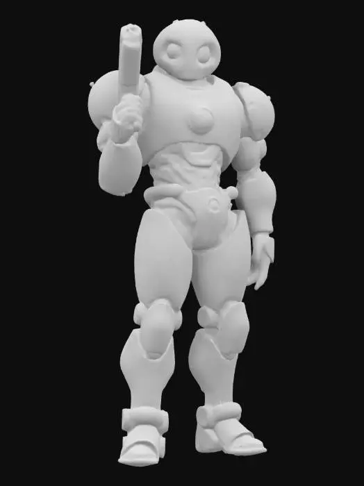 3D model for sci-fi steampunk mechanoid, body made of crumpled sheets, has various devices on his body, holds a gun in one hand, extremely detailed, high resolution texture, epic stance