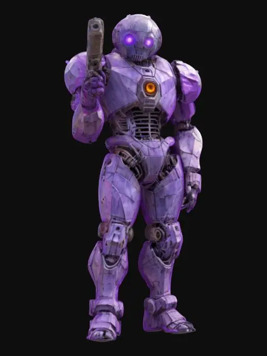 3D model for sci-fi steampunk mechanoid, body made of crumpled sheets, has various devices on his body, holds a gun in one hand, extremely detailed, high resolution texture, epic stance