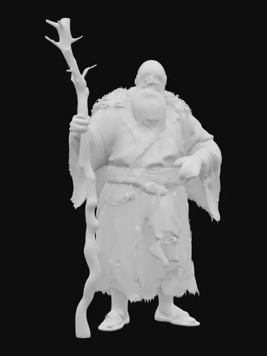 3D model for fantasy magic druid, old hunched body, body wrapped in flowing robe, forest staff in hand, robe decorated with forest vegetation, gray hair, detailed face with a sparkle in the eye, extremely detailed, high resolution texture, epic stance