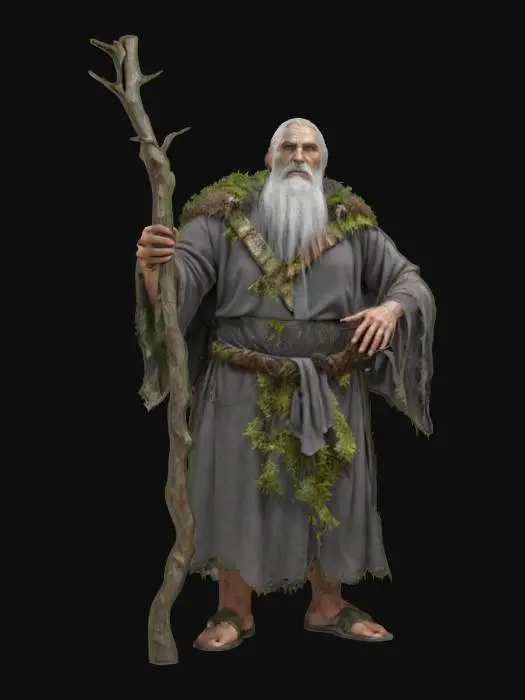 3D model for fantasy magic druid, old hunched body, body wrapped in flowing robe, forest staff in hand, robe decorated with forest vegetation, gray hair, detailed face with a sparkle in the eye, extremely detailed, high resolution texture, epic stance
