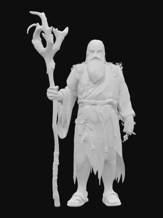 3D model for fantasy magic druid, old hunched body, body wrapped in flowing robe, forest staff in hand, robe decorated with forest vegetation, gray hair, detailed face with a sparkle in the eye, extremely detailed, high resolution texture, epic stance