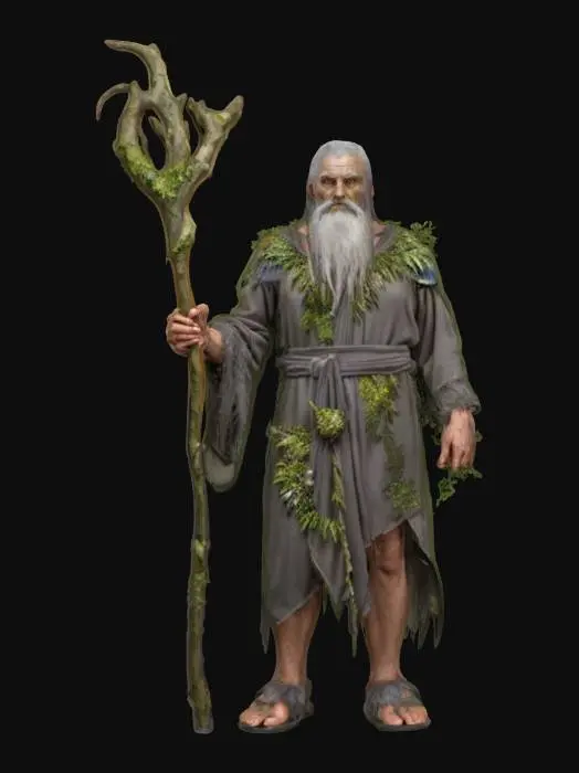 3D model for fantasy magic druid, old hunched body, body wrapped in flowing robe, forest staff in hand, robe decorated with forest vegetation, gray hair, detailed face with a sparkle in the eye, extremely detailed, high resolution texture, epic stance