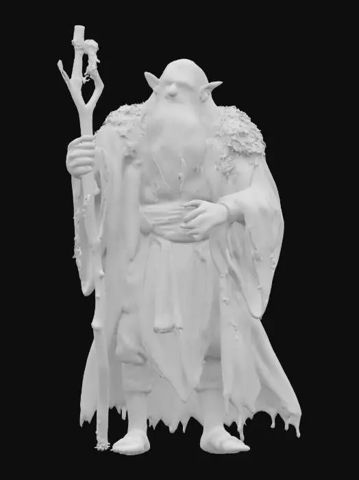 3D model for fantasy magic druid, old hunched body, body wrapped in flowing robe, forest staff in hand, robe decorated with forest vegetation, gray hair, detailed face with a sparkle in the eye, extremely detailed, high resolution texture, epic stance