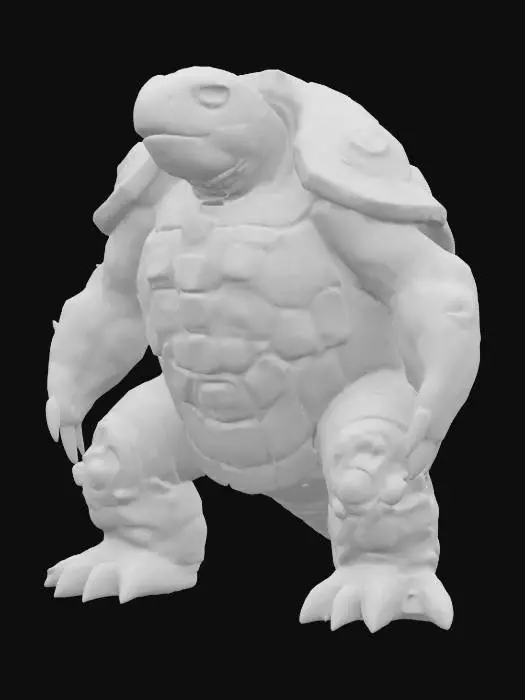 3D model for fantasy humanoid stone turtle, massive body with stone crystals, massive paws ending in claws, head covered with a stone shield, light shining through the stone plates, extremely detailed, high resolution texture, epic stance