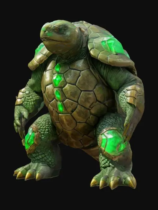 3D model for fantasy humanoid stone turtle, massive body with stone crystals, massive paws ending in claws, head covered with a stone shield, light shining through the stone plates, extremely detailed, high resolution texture, epic stance