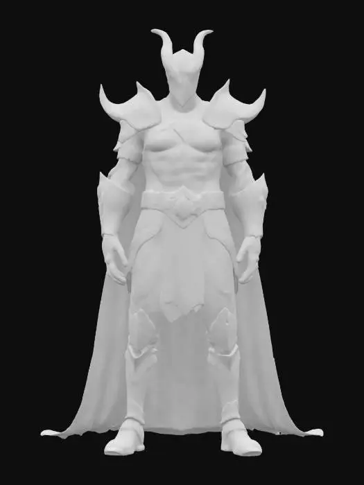 3D model for fantasy dark character with the power of mind, powerful muscular body, elegant clothing with beautiful decorated armor, elegant mystical glowing symbols on the armor, gentle handsome face with glowing eyes, elegant helmet with demonic patterns on the head, extremely detailed, high resolution texture, epic stance