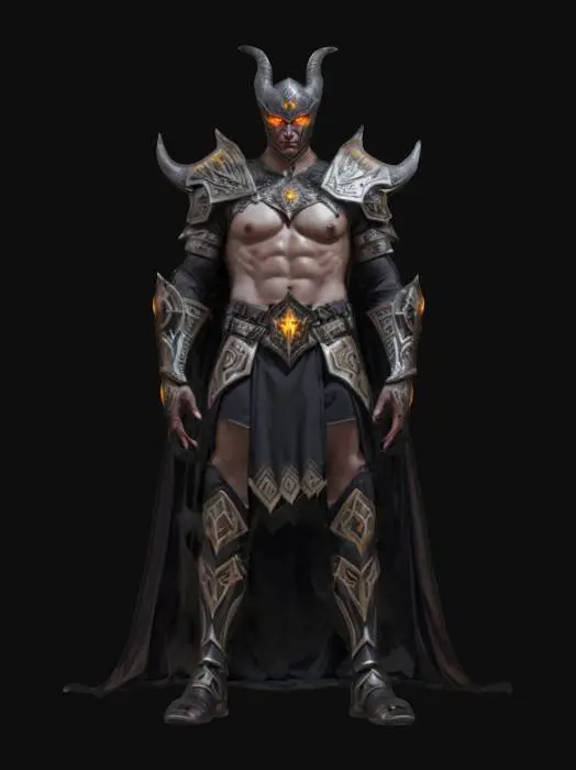 3D model for fantasy dark character with the power of mind, powerful muscular body, elegant clothing with beautiful decorated armor, elegant mystical glowing symbols on the armor, gentle handsome face with glowing eyes, elegant helmet with demonic patterns on the head, extremely detailed, high resolution texture, epic stance