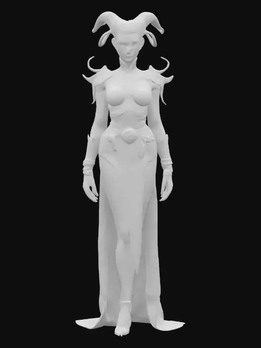 3D model for chaos creatures from another world with graceful body curves, slender tall figures, soft silky skin, elegant decorative clothing with distinctive symbols, technological elements on the body, detailed delicate facial features, in action, extremely detailed, high resolution texture, epic stance