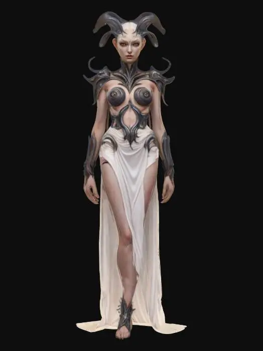 3D model for chaos creatures from another world with graceful body curves, slender tall figures, soft silky skin, elegant decorative clothing with distinctive symbols, technological elements on the body, detailed delicate facial features, in action, extremely detailed, high resolution texture, epic stance