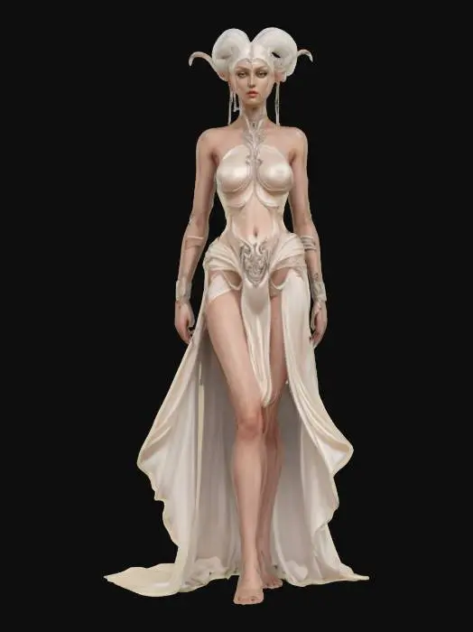 3D model for chaos creatures from another world with graceful body curves, slender tall figures, soft silky skin, elegant decorative clothing with distinctive symbols, technological elements on the body, detailed delicate facial features, in action, extremely detailed, high resolution texture, epic stance