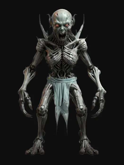 3D model for sci-fi fantasy robotic humanoid creature, warped body and humanoid-like structure, terrifying expression, monster in attack, clawed limbs, covered in torn clothing, extremely detailed, high resolution texture, epic stance