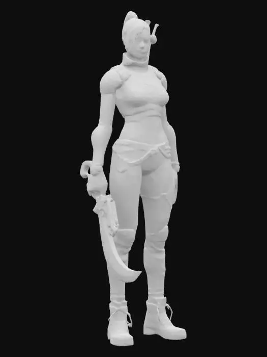 3D model for sci-fi female futuristic warrior, elegancy muscular slim body, modern futuristic clothing with ribbed fastening, electro-plasma double-sided machete curved like a bow, detailed delicate face, extremely detailed, high resolution texture, epic stance