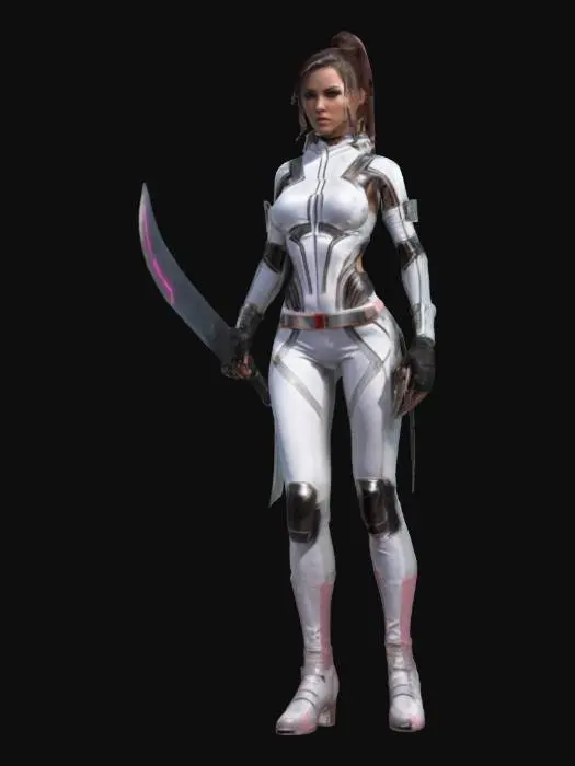 3D model for sci-fi female futuristic warrior, elegancy muscular slim body, modern futuristic clothing with ribbed fastening, electro-plasma double-sided machete curved like a bow, detailed delicate face, extremely detailed, high resolution texture, epic stance
