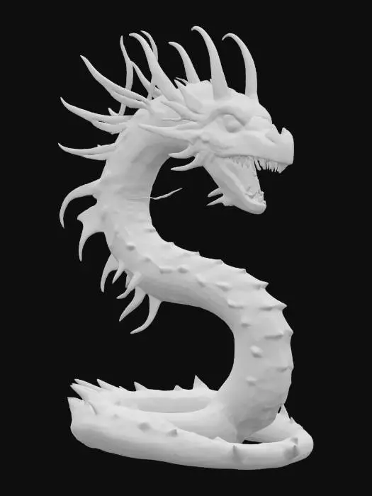 3D model for fantasy dragon's serpent, massive twisted spiny body, long spines all over the body, large head with a terrifying mouth with sharp teeth, terrifying look in eyes, wing-like protrusions behind the head, a spiny spike at the end of the tail, extremely detailed, high resolution texture, epic stance